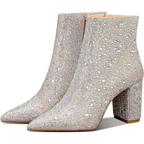 MSONLYDN Ankle Boot Women's Silver Polyester Glass Stone Pointed Toe Chunky Heel - Picture 5 of 6